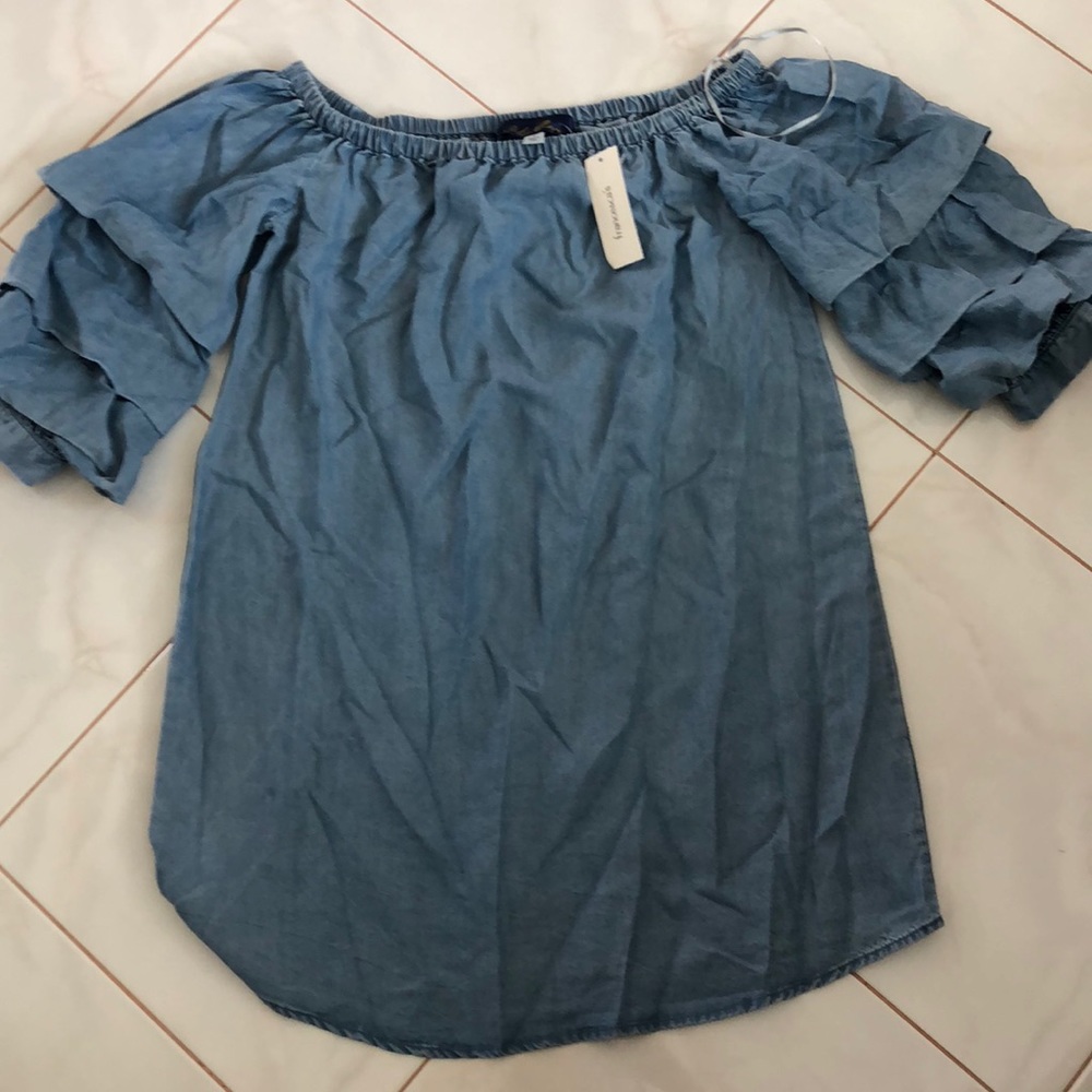 Chambray ruffled sleeve dress